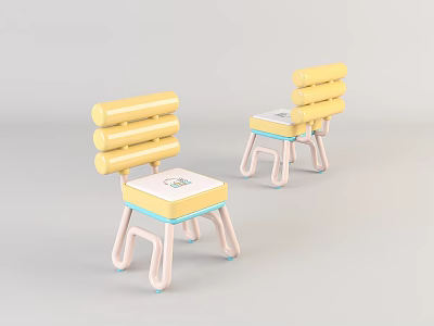 Two Modern Leisure Chairs With Yellow Cylindrical Backrest White Seat Blue Trim And Pink Legs 3d model