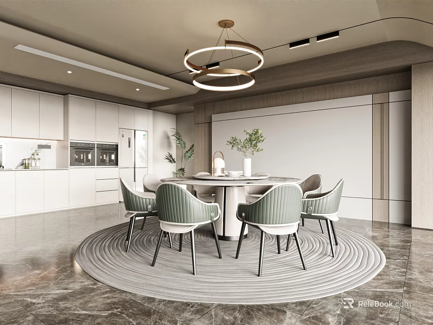 Modern Restaurant Open Kitchen Interior With Dining Table Chairs And Round Chandelier 3d model
