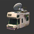 Detailed White RV Exterior View With Roof Satellite Dish And Mounted Equipment