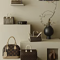 Stylish Bags Display On Shelves With Decorative Vase And Artwork