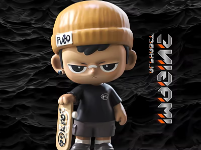 Decorative Figurine Set With Brown Beanie Black Outfit Skateboard And Textured Black Background 3d model