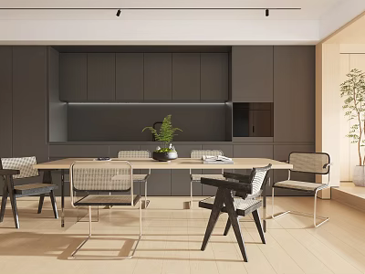 Modern Restaurant Interior With Open Concept Grey Cabinets Wooden Dining Table Chairs And Green Plants 3d model