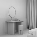 Modern Wooden Dressing Table With Round White Frame Mirror And Grey Textured Stool 3d model