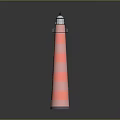 Pink And White Striped Lighthouse With Black Top Door On Gray Background With Reflection