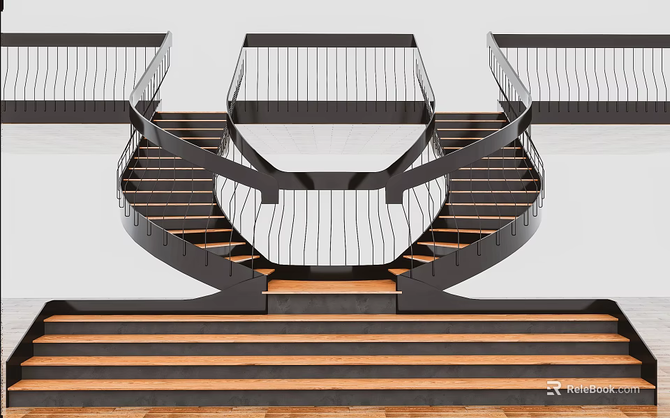 Modern Spiral Stairs Design With Black Metal Railings And Wooden Steps 3d model 