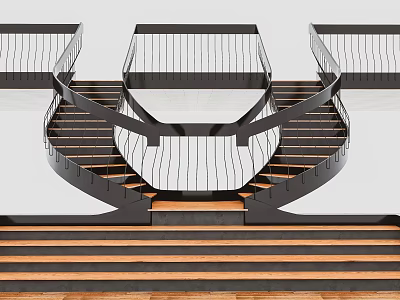 Modern Spiral Stairs Design With Black Metal Railings And Wooden Steps 3d model