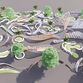 Modern Landscape Wall Design in Curved Outdoor Space with Green Plants and Water Features