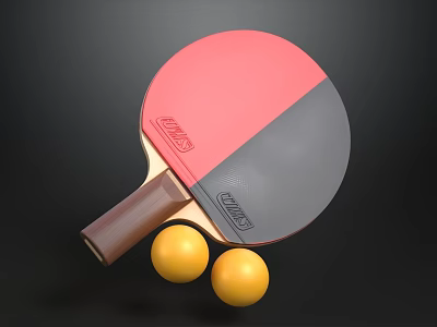 Red Gray Table Tennis Racket With Two Yellow Ping Pong Balls 3d model