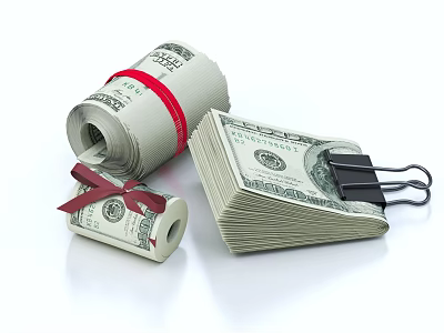 Elegant Decorative Ornament Set With Rolled US Dollar Bills Red Ribbon And Clip 3d model