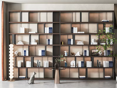 Modern Bookcase Interior with Multiple Compartments Books Decorative Vases Bowls and Cat Figurine 3d model