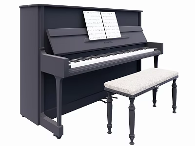 Classic Black Upright Piano With Sheet Music And Padded Bench Top Design 3d model