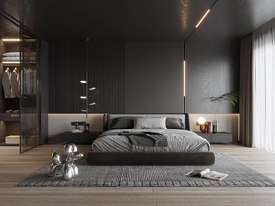 Modern Bedroom Interior With Dark Gray Walls Bed Pendant Lights Open Wardrobe And Rug 3d model