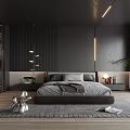 Modern Bedroom Interior With Dark Gray Walls Bed Pendant Lights Open Wardrobe And Rug