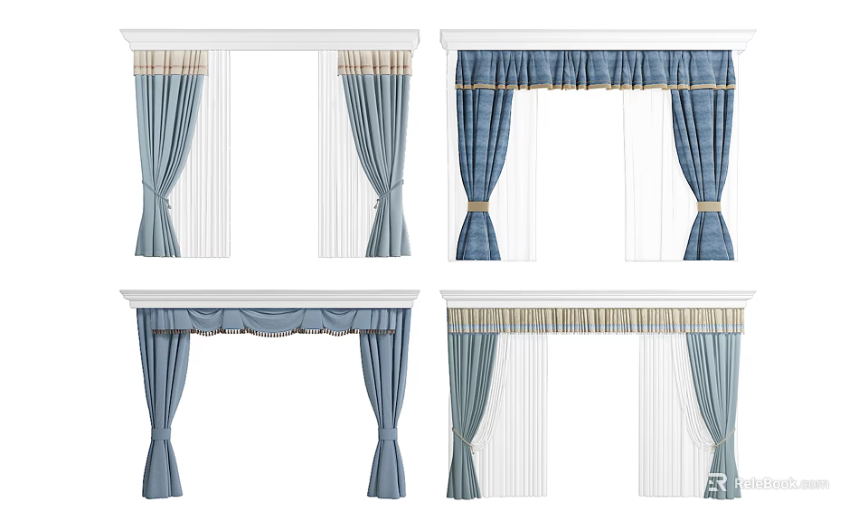 Elegant Blue Curtains With Striped Patterns Sheer Panels And Valance Top Design 3d model