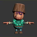 Cartoon Game Movie Character With Wooden Stump Head Purple Glasses Pink Nose Green Beads