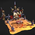 Dark Themed Scene With Skulls Spikes Chains Red Decorations And Altar On Stone Ground