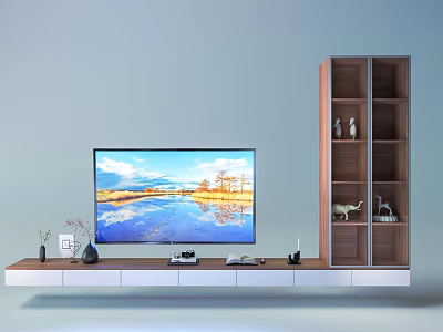 Modern White And Wooden TV Stand With TV Screen Adjacent Shelf And Decorative Items 3d model
