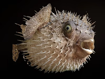 Pufferfish Close Up With Inflated Body Open Mouth Spines On Dark Background 3d model Pufferfish Close Up With Inflated Body Open Mouth Spines On Dark Background 3d model