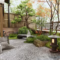 Japanese Courtyard Garden With Wooden Structure Latticed Fence Green Plants Stones Pebble Ground And Lanterns