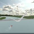 Modern White Arch Bridge Spanning Water With Grass Surroundings And Small Boat