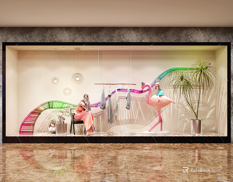 Fashion Retail Window Display With Mannequins Hanging Garments Pink Green Decor And Plants 3d model 