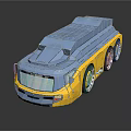 3D Model Car Featuring Blue and Yellow Cartoon Style with Multiple Wheels and Streamlined Design