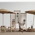 Bamboo Outdoor Chairs with Natural Umbrellas and Wooden Screens for Relaxing Casual Outdoor Spaces