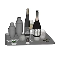 Elegant Wine Bottles and Glasses on Silver Tray with Cocktail Shakers Olives and Tools