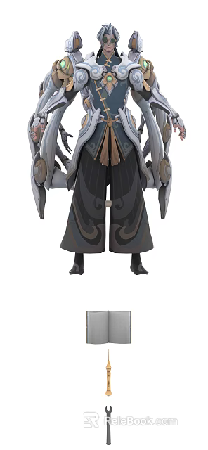 Game Movie Character With Gray Dark Clothing Ornate Sleeves Patterned Pants And Mechanical Armor Elements 3d model 