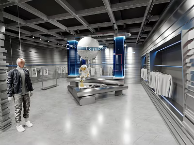 Modern Futuristic Clothing Store Interior With Gray Metal Walls Mannequins Displayed Clothes And Tokyo Sign 3d model