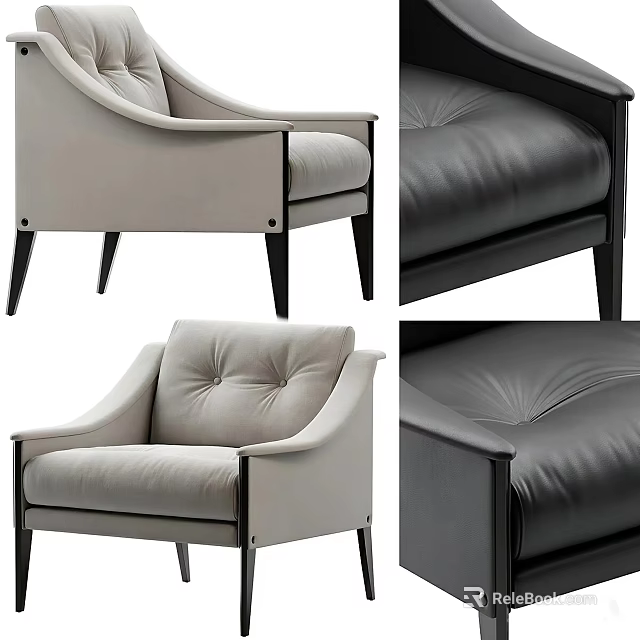 Modern Leather Accent Chair Featuring Button Tufted Seat Armrests and Black Legs in Neutral Tones 3d model 