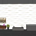Modern Sofa Accent Wall 3D Wavy Texture With Cabinet Art And Plants