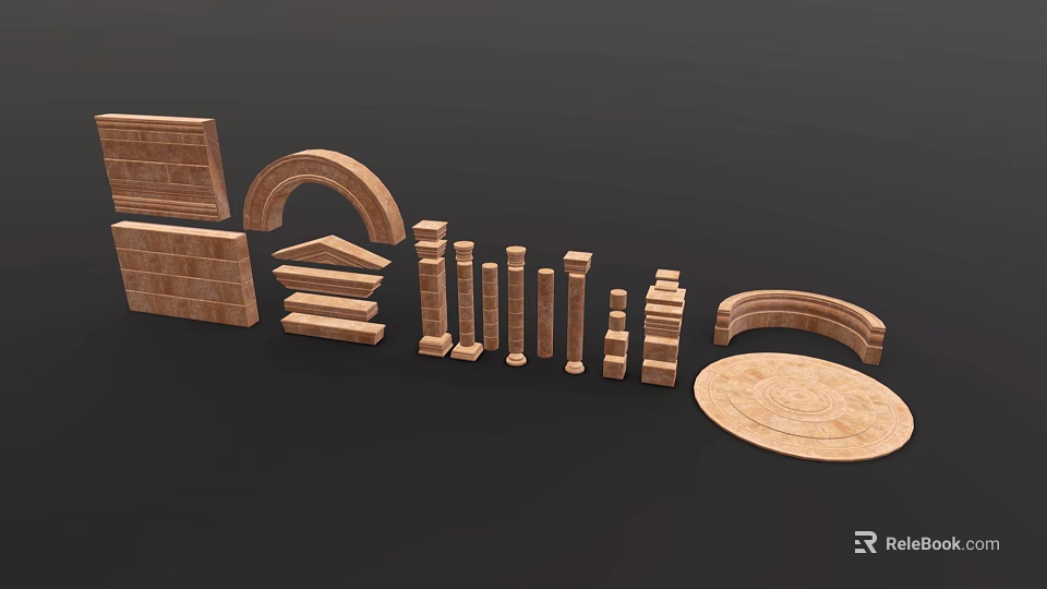 Collection Of Wooden Architectural Elements With Bricks Arches Columns Steps And Circular Base 3d model