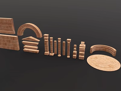 Collection Of Wooden Architectural Elements With Bricks Arches Columns Steps And Circular Base 3d model