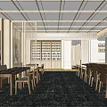 Japanese Style Restaurant Interior With Wave Decor Wine Racks Marble Flooring And Wooden Tables