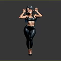 3D Rendered Female Character In Black Sportswear With Raised Hands And Gray Background