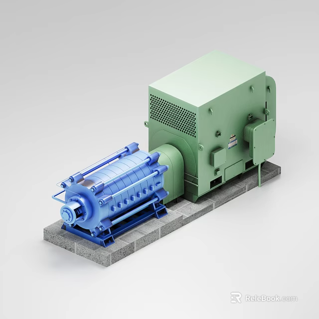 Industrial Equipment With Green Main Unit And Blue Cylindrical Component On Concrete Base 3d model 