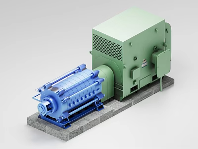 Industrial Equipment With Green Main Unit And Blue Cylindrical Component On Concrete Base 3d model