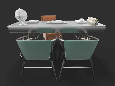 Stylish Modern Desk Setup With Green Chairs Globe Books And Notebooks 3d model