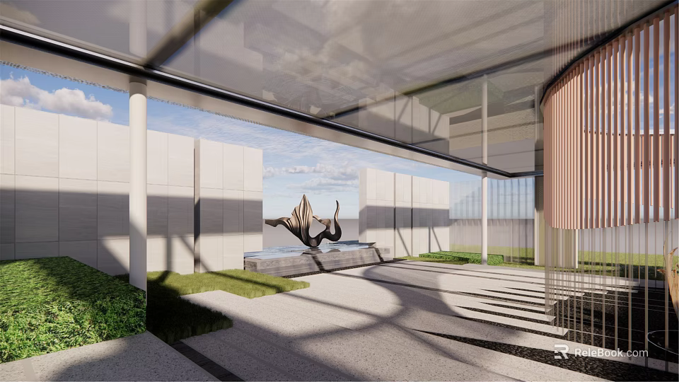 Modern Pergola With Transparent Roof Outdoor Sculpture Greenery And Light Shadows 3d model 