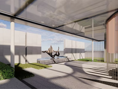 Modern Pergola With Transparent Roof Outdoor Sculpture Greenery And Light Shadows 3d model