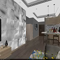 Modern Living and Dining Room Interior With White Wall TV Sofa Yellow Coffee Table Chandelier