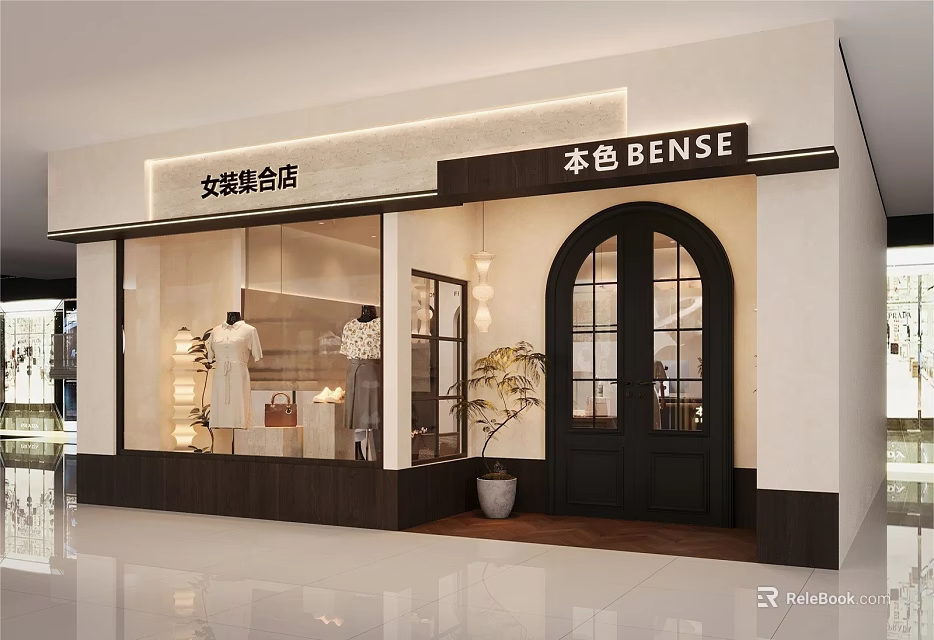 Elegant Modern Womenswear Collective Store Facade Design With Large Display Window And Arched Glass Doors 3d model 