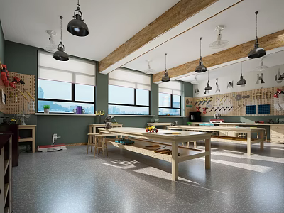 Spacious Bright Workshop With Wooden Tables Tool Wall Windows Pendant Lights And Fans 3d model