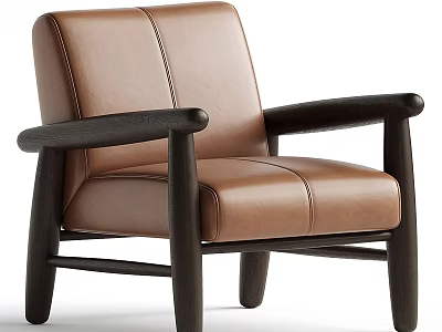 Brown Leather Leisure Chair With Dark Wooden Arms And Modern Sleek Design 3d model