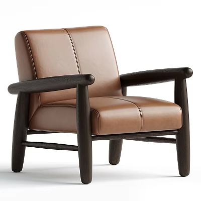 Brown Leather Leisure Chair With Dark Wooden Arms And Modern Sleek Design 3d model