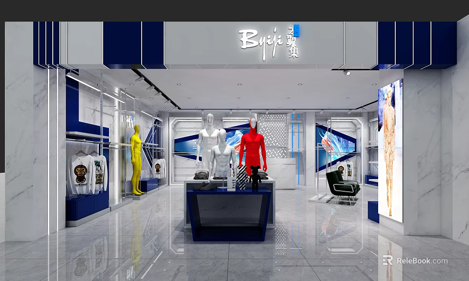 Breck Store Interior With Colorful Mannequins And Modern Display Counters 3d model 