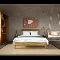 Hotel Guest Room With Wooden Bed White Bedding Red Decorative Painting And Wicker Swing Chair