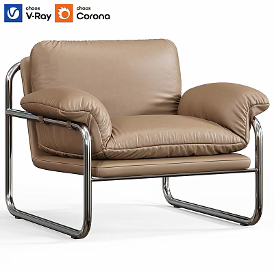 Modern Comfortable Brown Leather Leisure Chair with Metal Frame and Padded Armrests 3d model