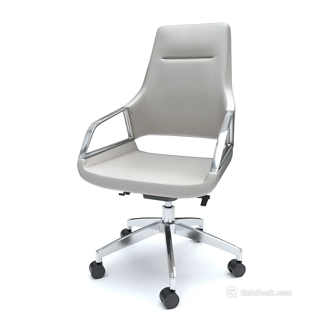 Modern Light Gray Leather Office Chair With Chrome Metal Frame And Rolling Wheels 3d model 